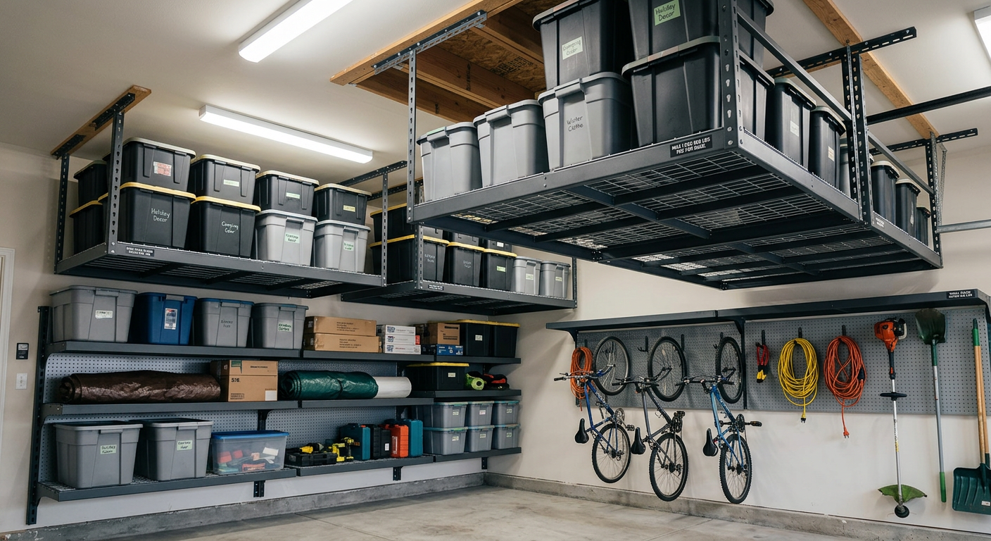 Garage storage room with wall shelves, ceiling bins, bicycles, and hanging tools on a white wall.