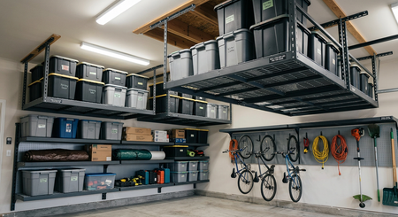 Garage storage room with wall shelves, hanging bins, bicycles, and coiled ropes on a white wall