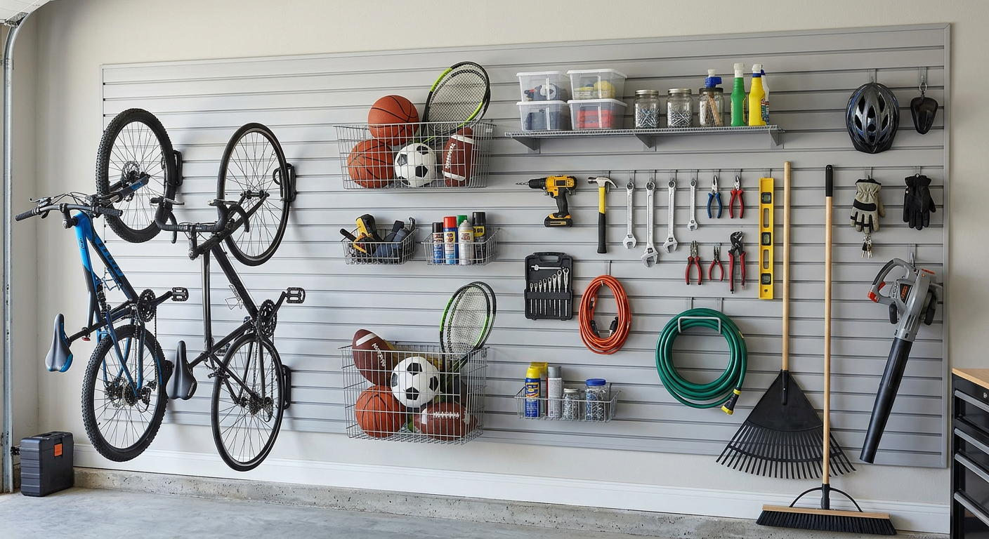 Garage wall organized with hanging bikes, tools, hoses, and cleaning supplies