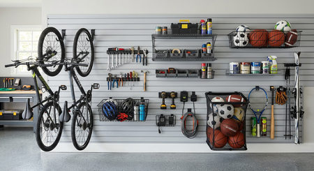 Garage wall with organized bicycles, tools, sports gear, and storage shelves