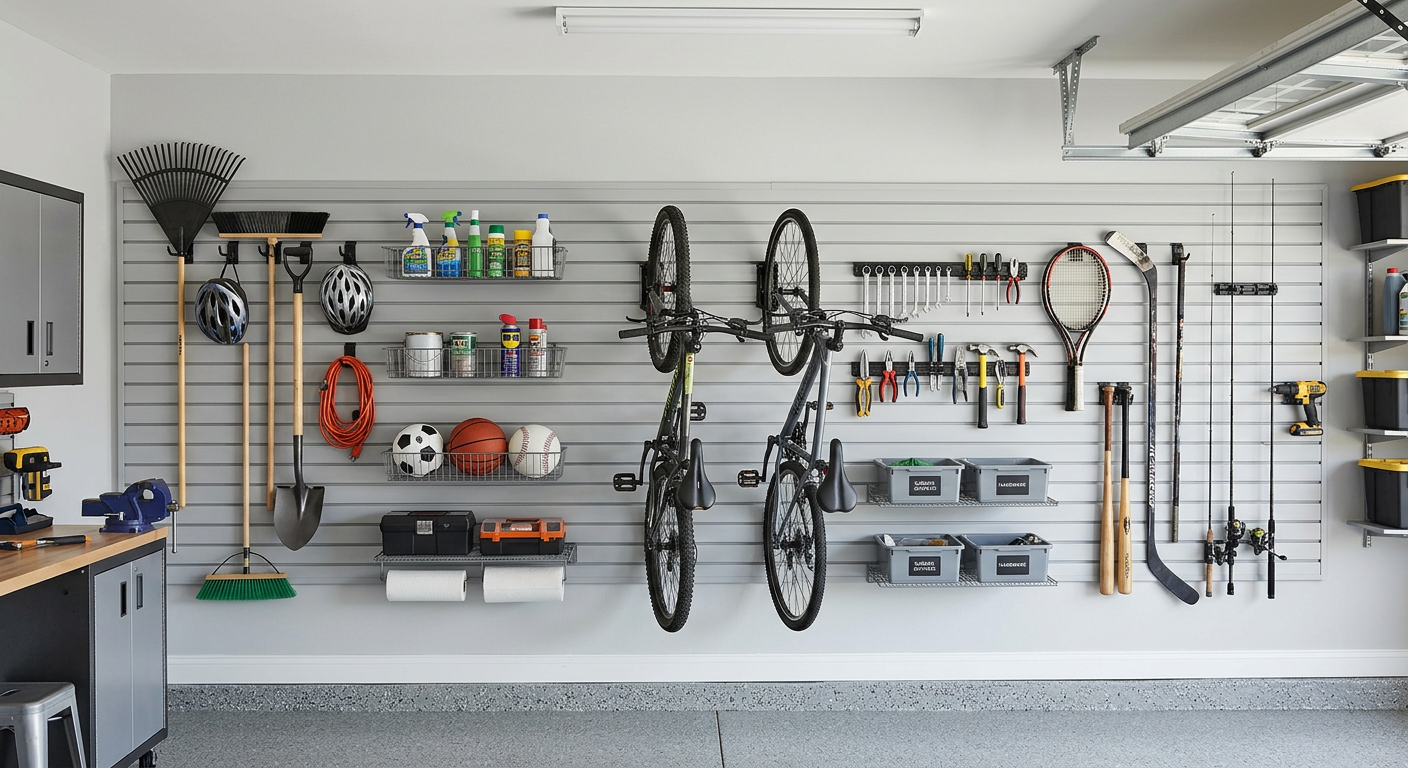 Garage wall with neatly organized tools, bicycles, shelves, and storage bins on a white slatwall.