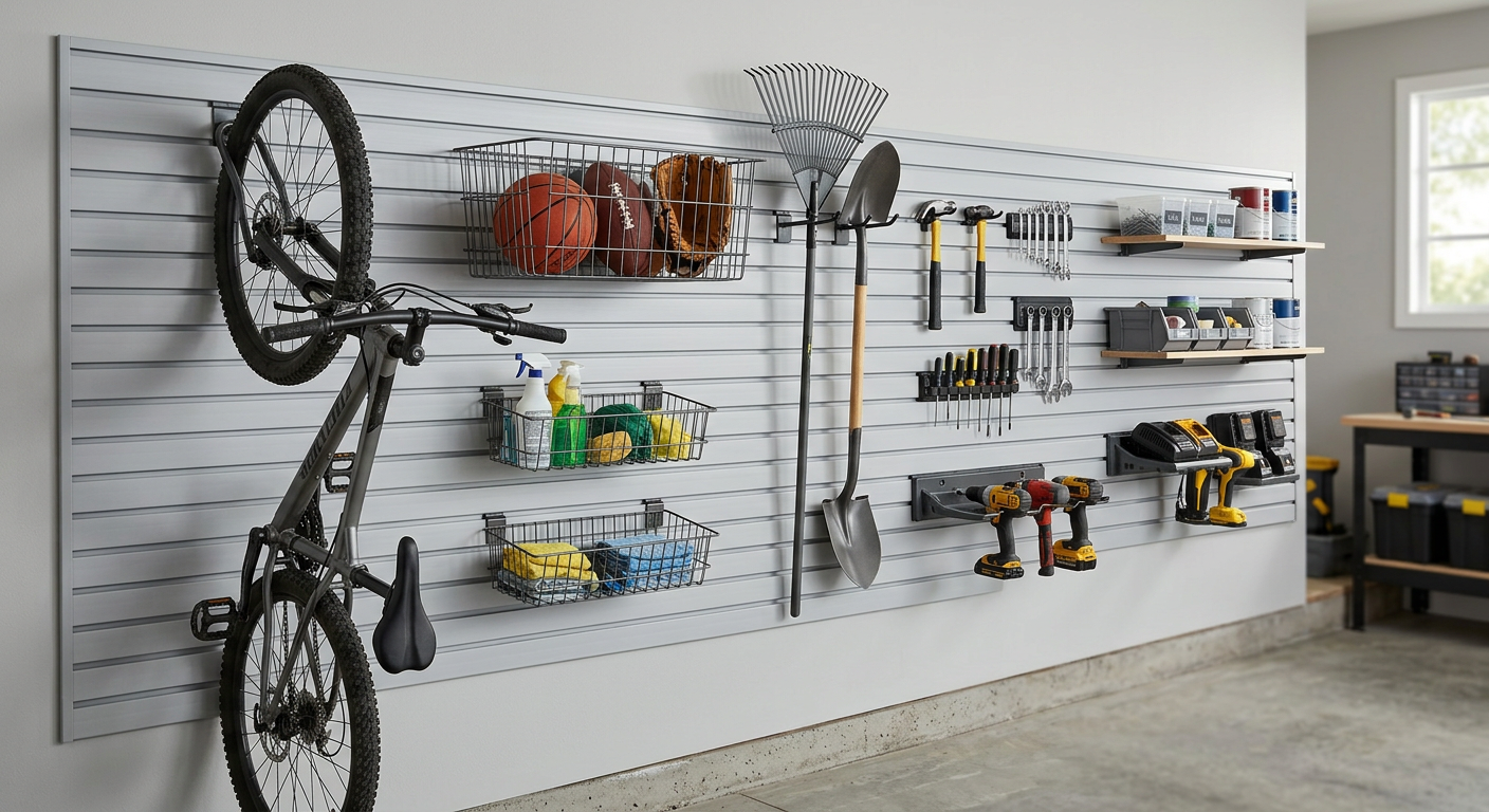 Garage wall with organized tools and bike wheels on white slatwall shelves