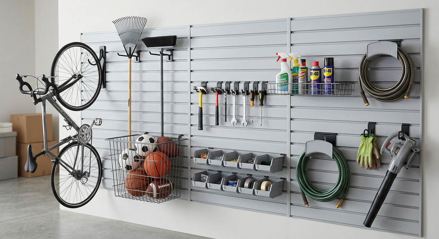 Garage wall storage display with bikes, tools, coiled hoses, and spray cans on white slatwall