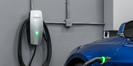 Blue electric car charging at a wall-mounted station in a garage