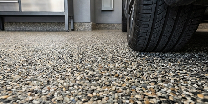 Close-up of a car tire on a textured gravel driveway beside a garage door.