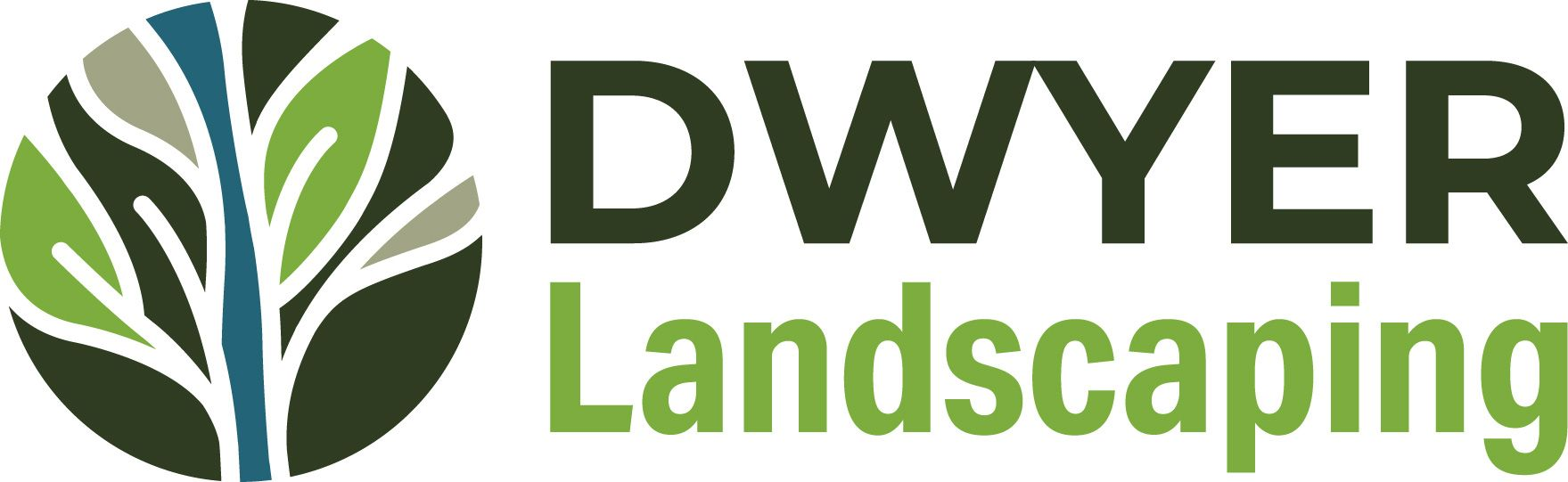 a black and white logo for dwyer landscaping with a tree and branches .