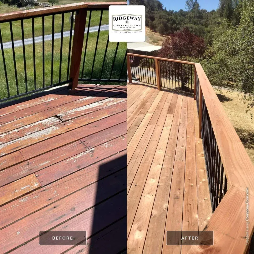A before and after photo of a wooden deck