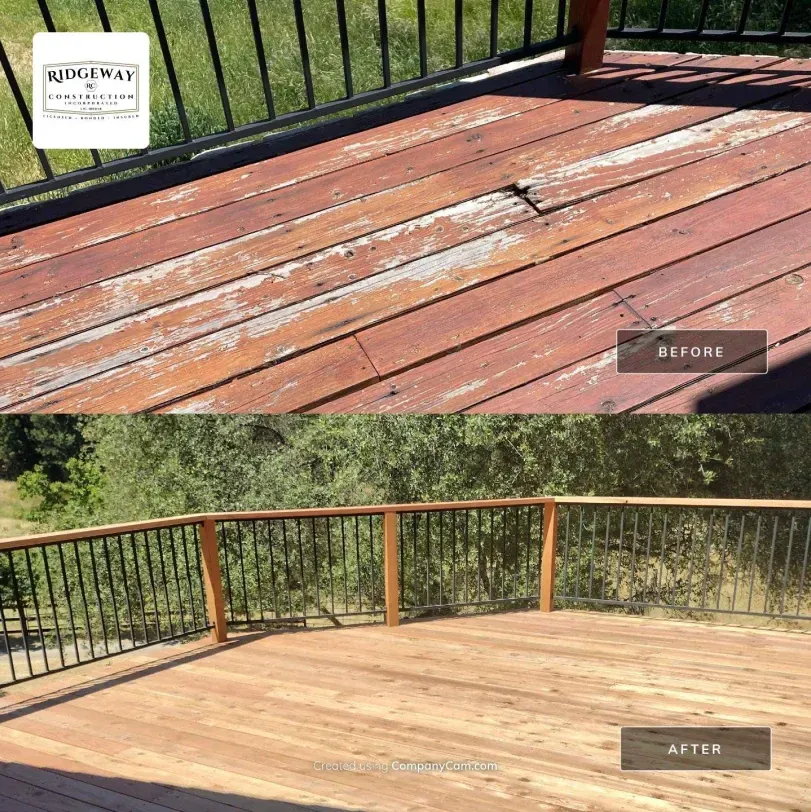 A before and after photo of a wooden deck with a metal railing.