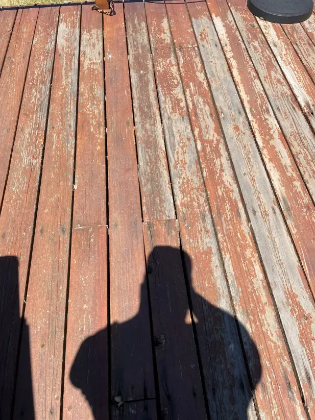 A person 's shadow is cast on a wooden deck