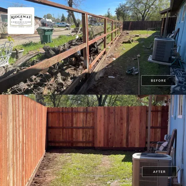A before and after photo of a wooden fence