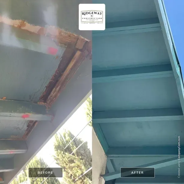 A before and after picture of a bridge being painted blue