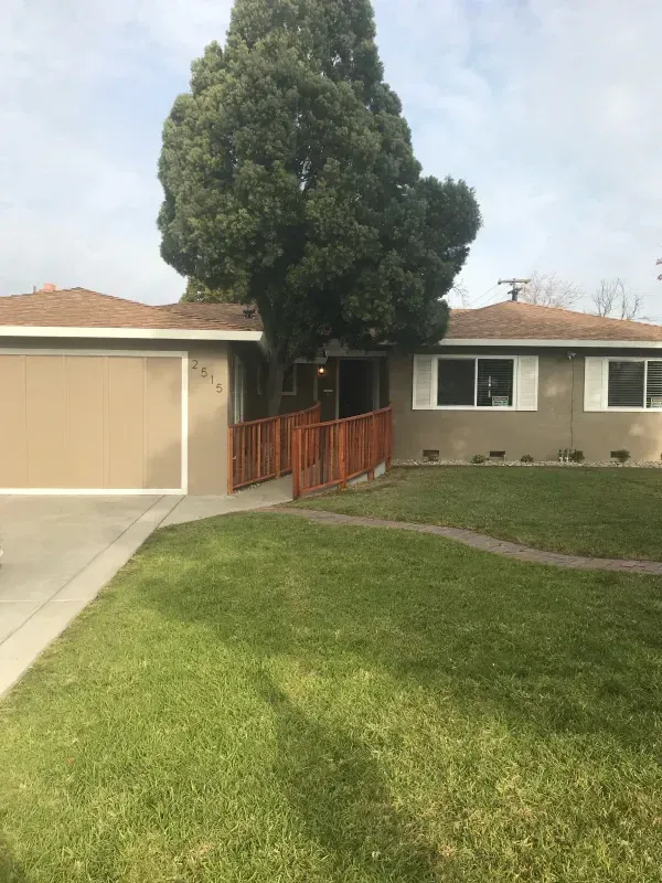A house with a large tree in front of it