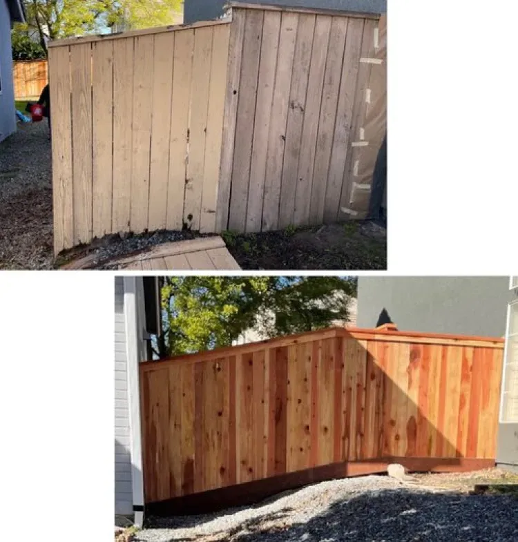 A before and after picture of a wooden fence