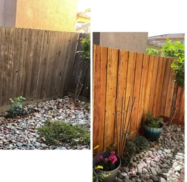 A before and after picture of a wooden fence