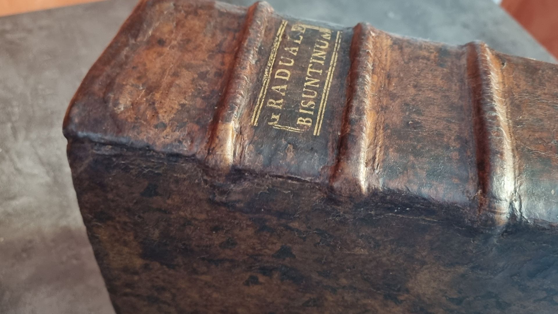 Un très vieux livre est posé sur une table.