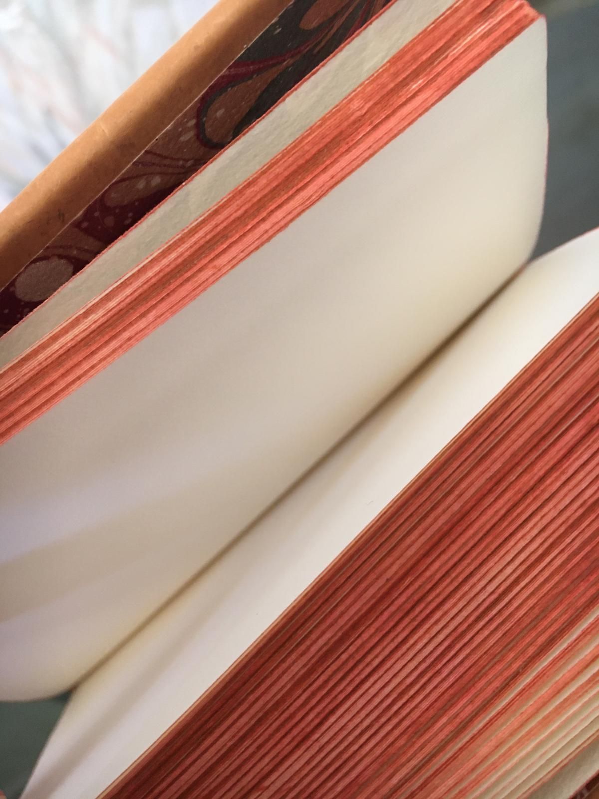 Un gros plan d'un livre avec une bande rouge sur la tranche.