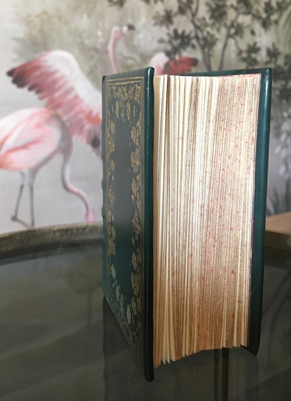 Un livre avec des flamants roses en arrière-plan est sur une table