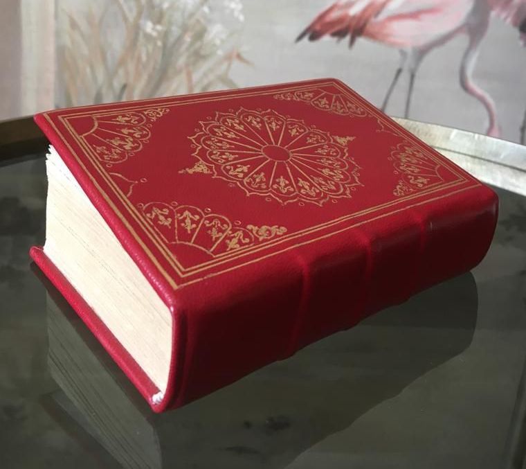 Un livre rouge est posé sur une table avec des flamants roses en arrière-plan