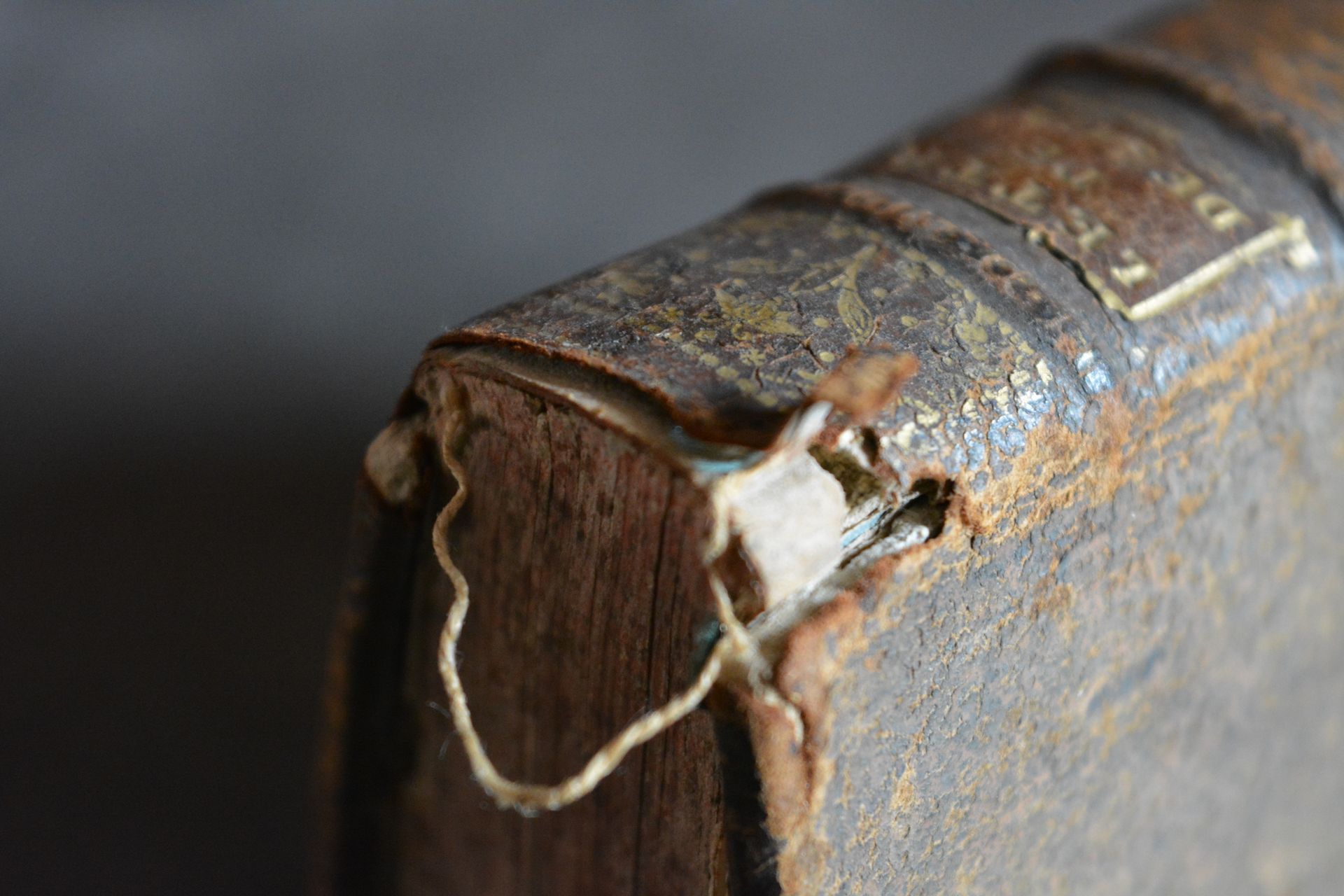 Un gros plan d'un vieux livre avec une corde attachée autour.