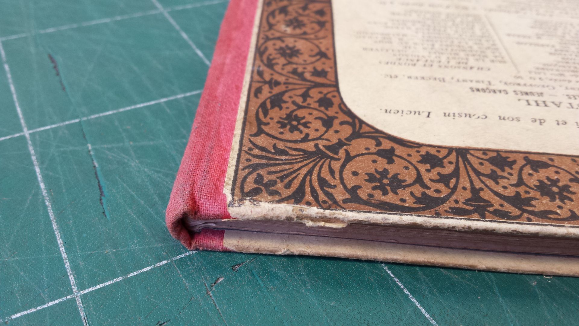 Un livre avec une reliure rouge est posé sur une planche à découper verte.