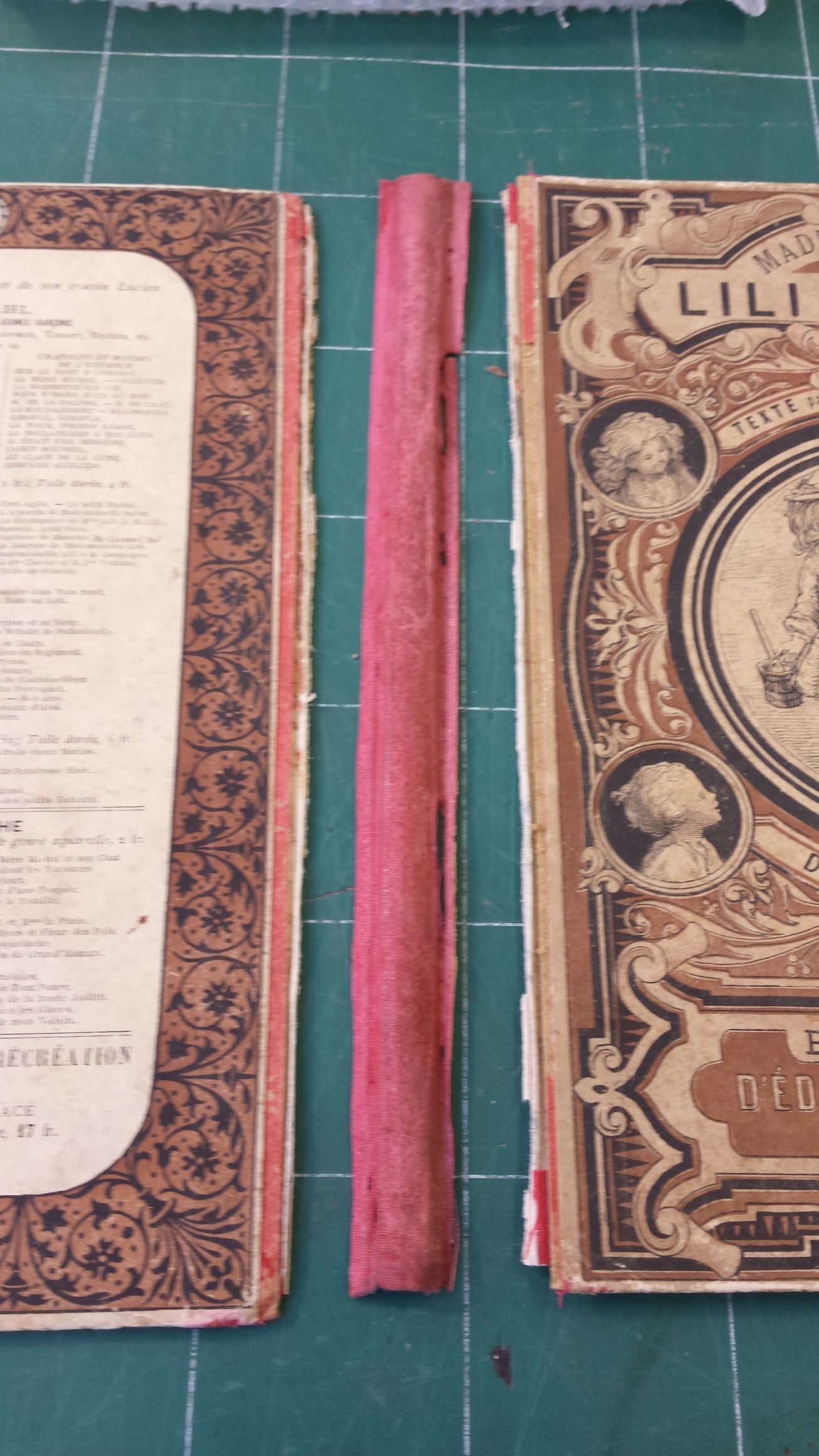 Deux vieux livres sont posés sur une planche à découper verte.