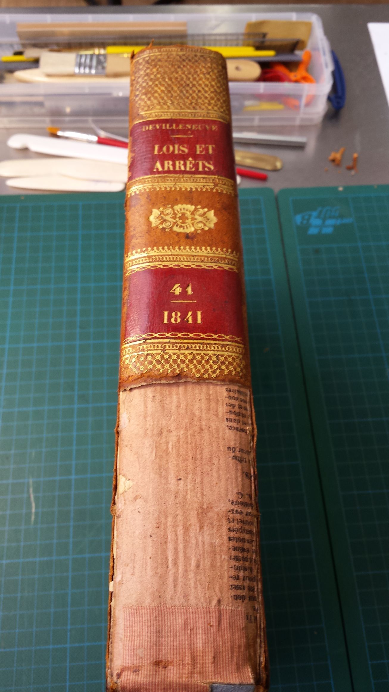 Un livre est posé sur une planche à découper verte.