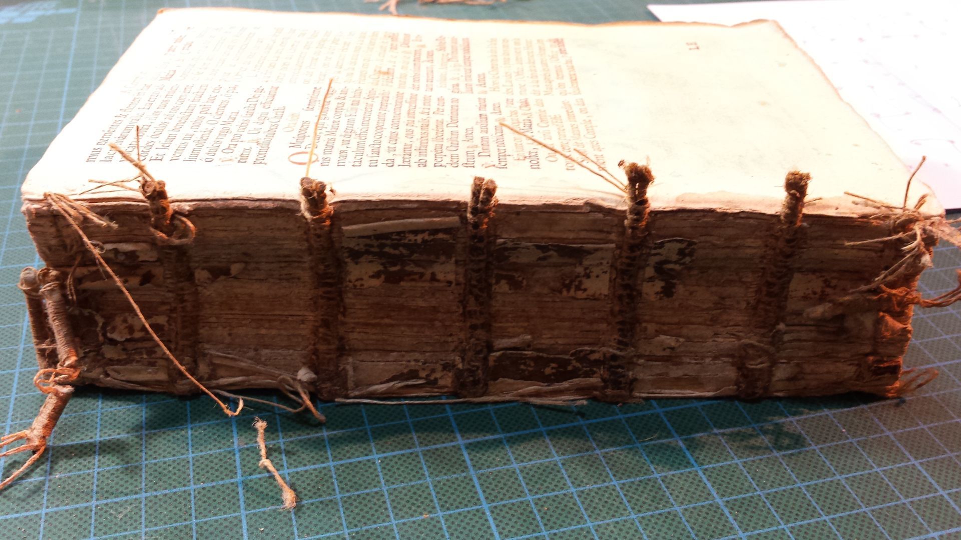 Un très vieux livre est posé sur une planche à découper.