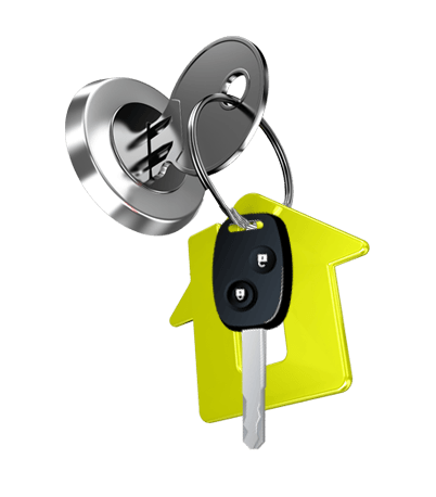 a set of keys with a yellow house-shaped keyring on