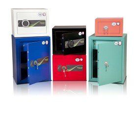 a selection of small safes in different sizes and colours