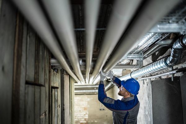 A man is working on pipes in a building.