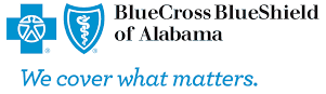 BlueCross BlueShield of Alabama logo with blue text and tagline “We cover what matters.”