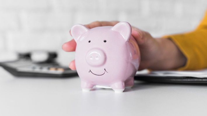 Eine Person hält ein rosa Sparschwein mit einem lächelnden Gesicht.