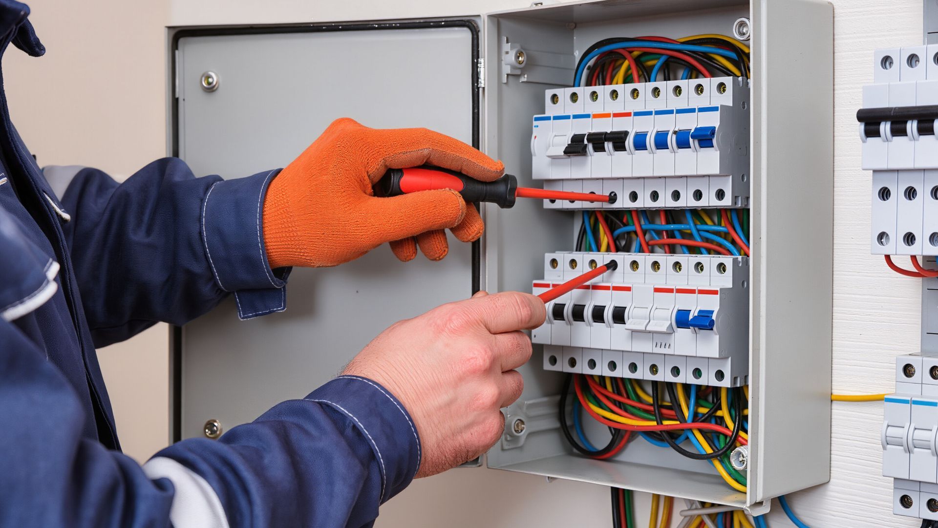 An electrician wearing orange gloves uses a screwdriver to work on the wiring inside an open electrical panel.