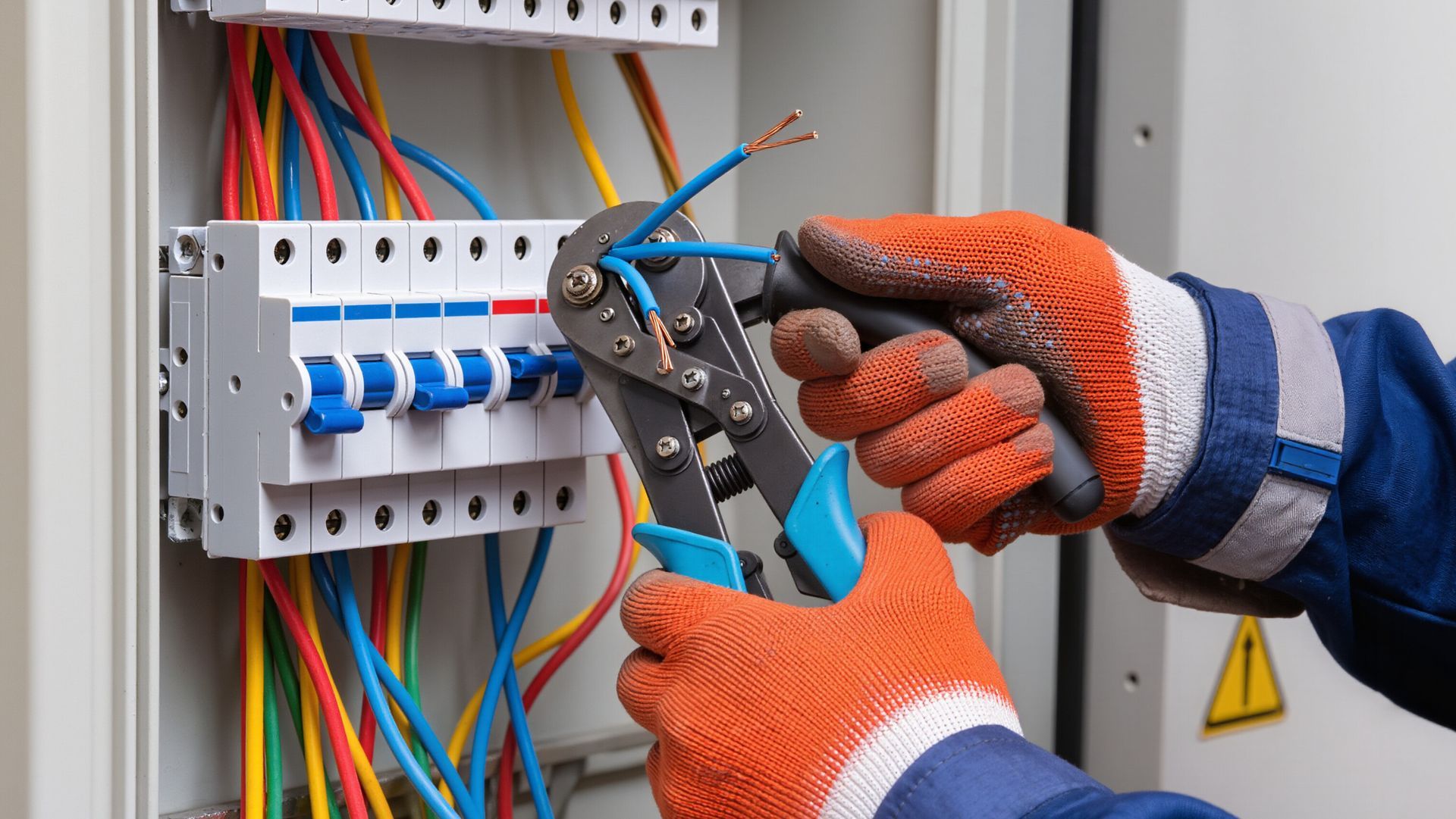 An electrician wearing orange gloves uses wire strippers on blue electrical wires inside a circuit breaker panel.