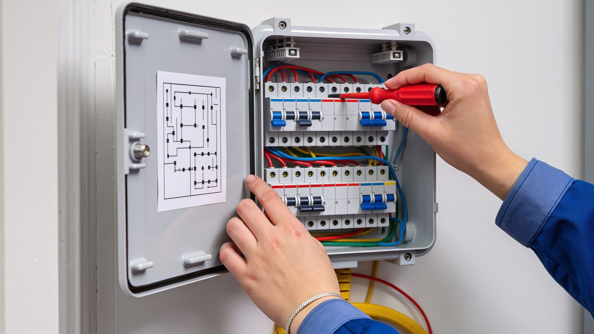 A person in a blue uniform uses a red screwdriver to adjust components inside an open electrical circuit breaker box.