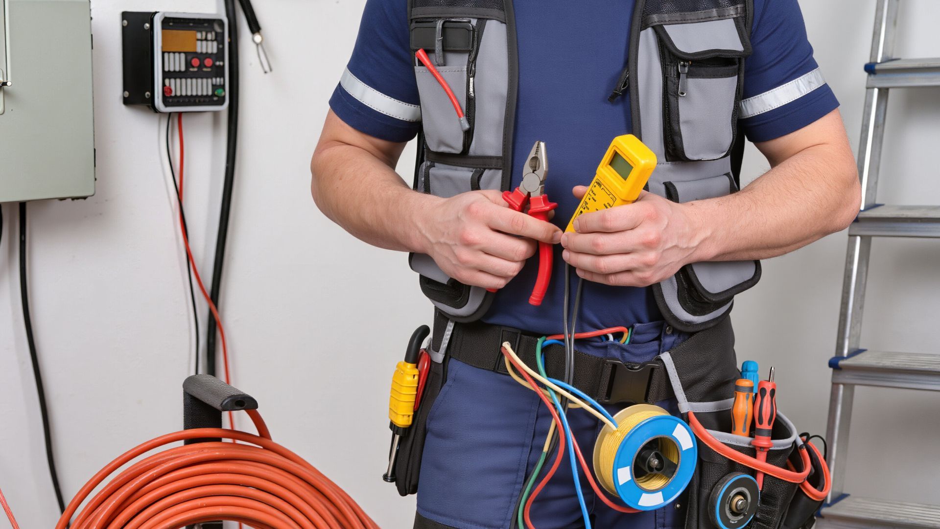 An electrician in a utility vest holds pliers and a multimeter, with wires and tools around them in an indoor setting.