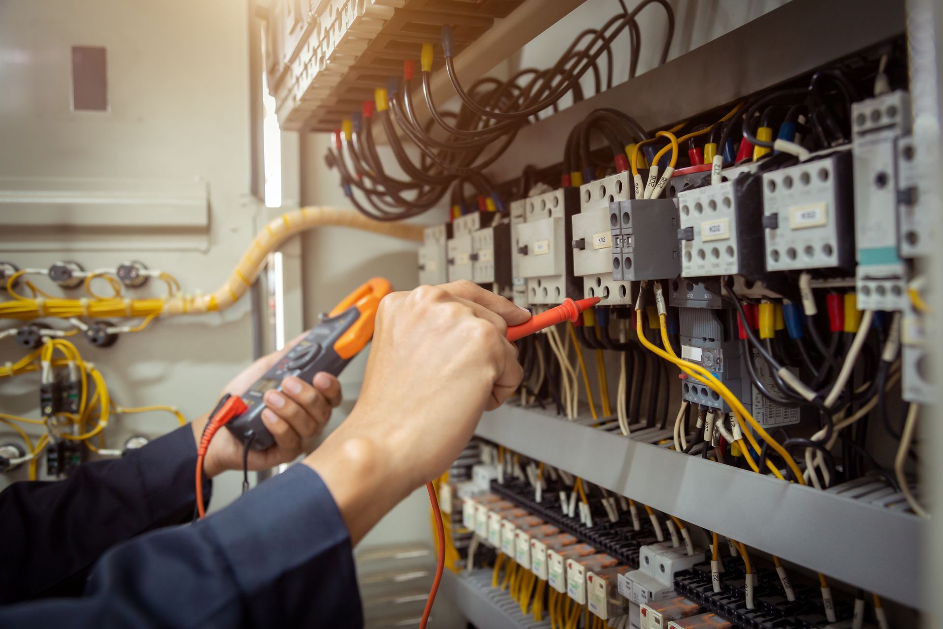 A technician testing electrical components in a control panel with a digital multimeter.