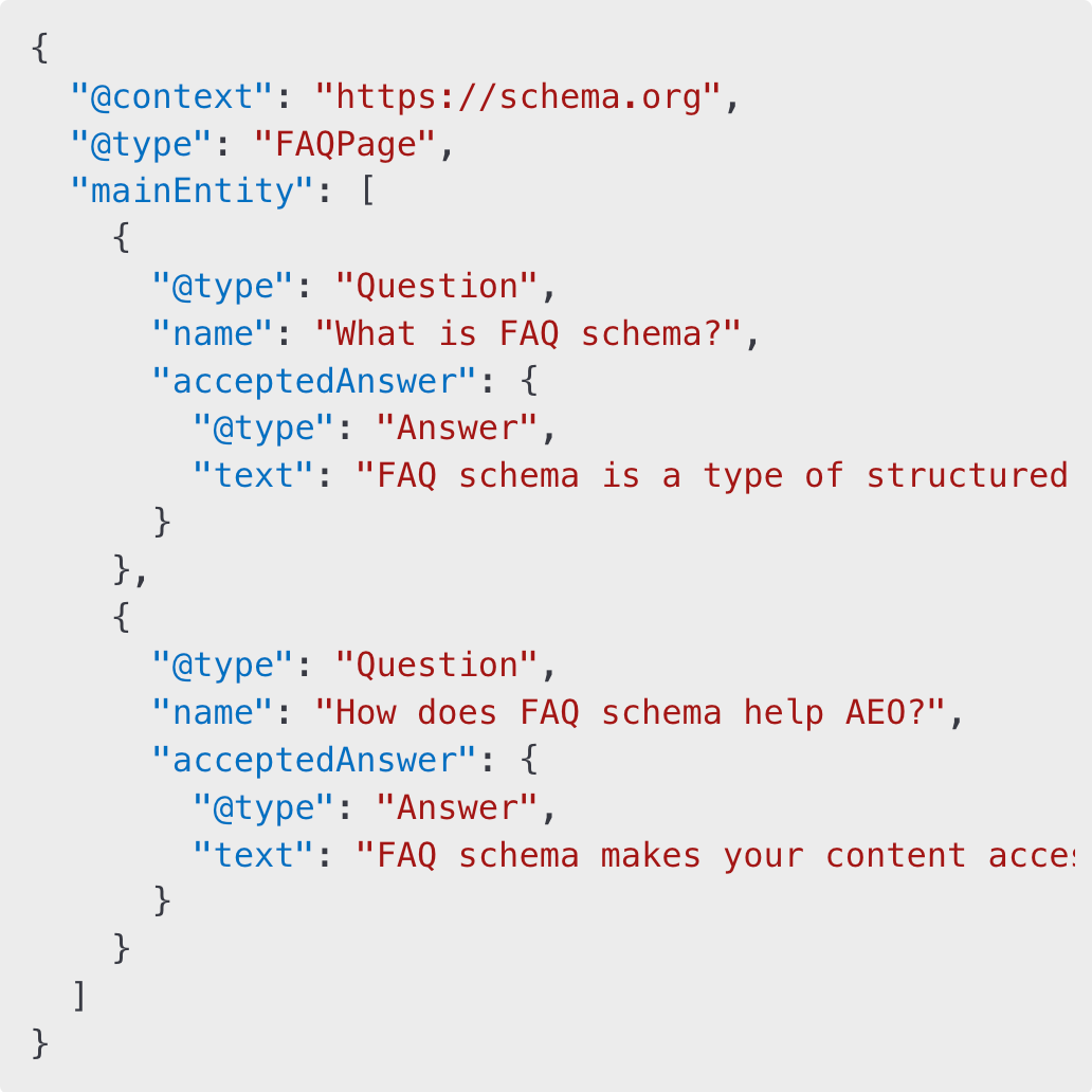 An example of FAQ Schema markup for AEO and SEO