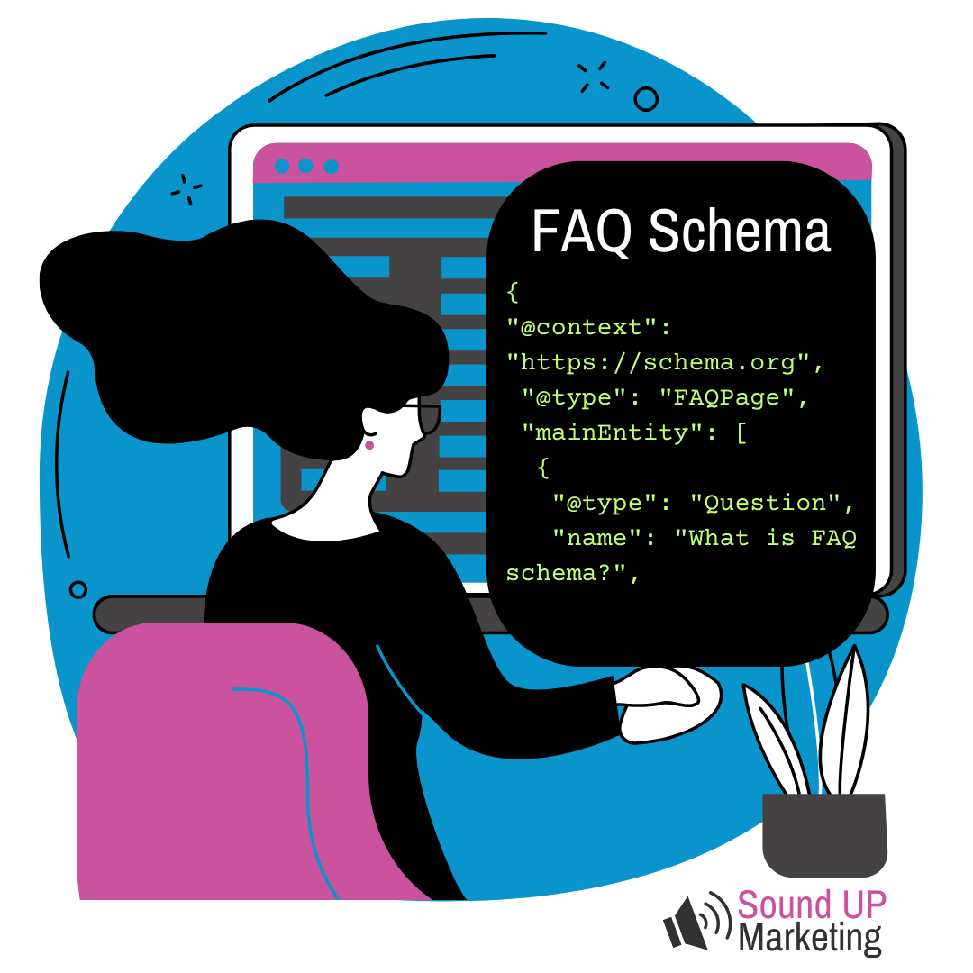 Cartoon image of a woman writing FAQ schema into a website with Sound UP Marketing branding.