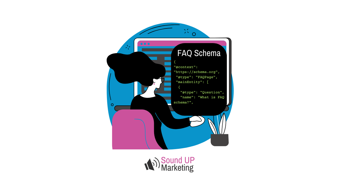 A cartoon image of a woman typing Frequently asked questions FAQ schema into a website for AEO