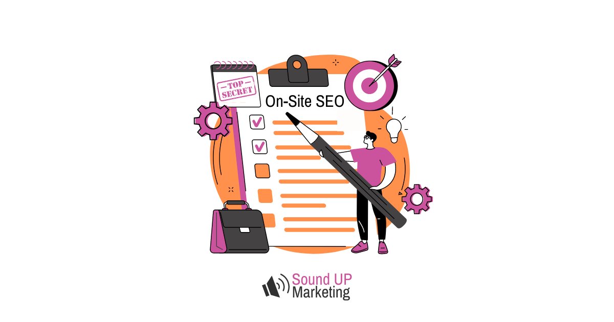 Blog title, On-Site SEO checklist, with Sound UP Marketing logo and colorful cogs