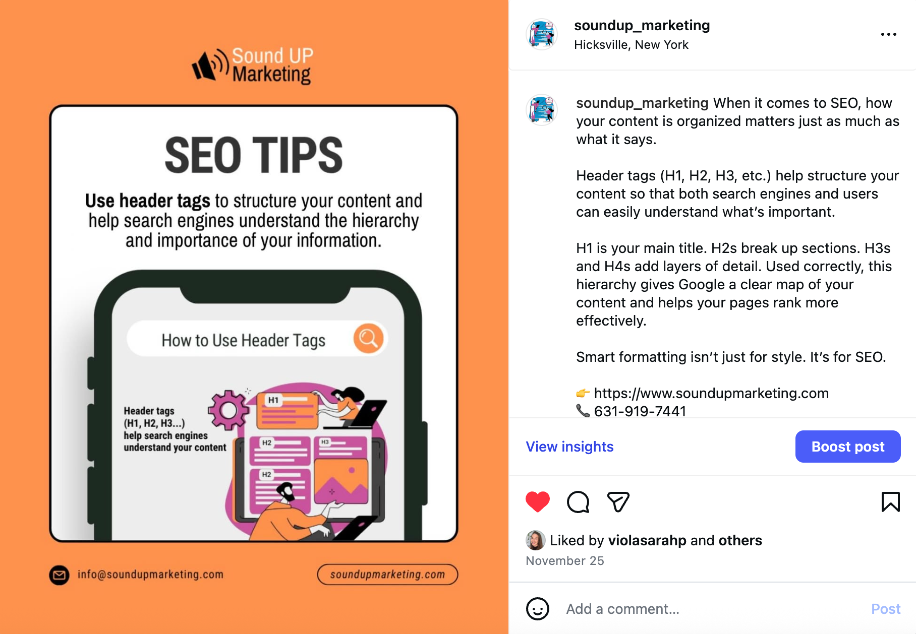 Social media marketing Instagram post: orange graphic with text about the importance of blogging, cartoon illustration of people at a laptop, and text about the benefits. Social Media Management by Sound UP Marketing