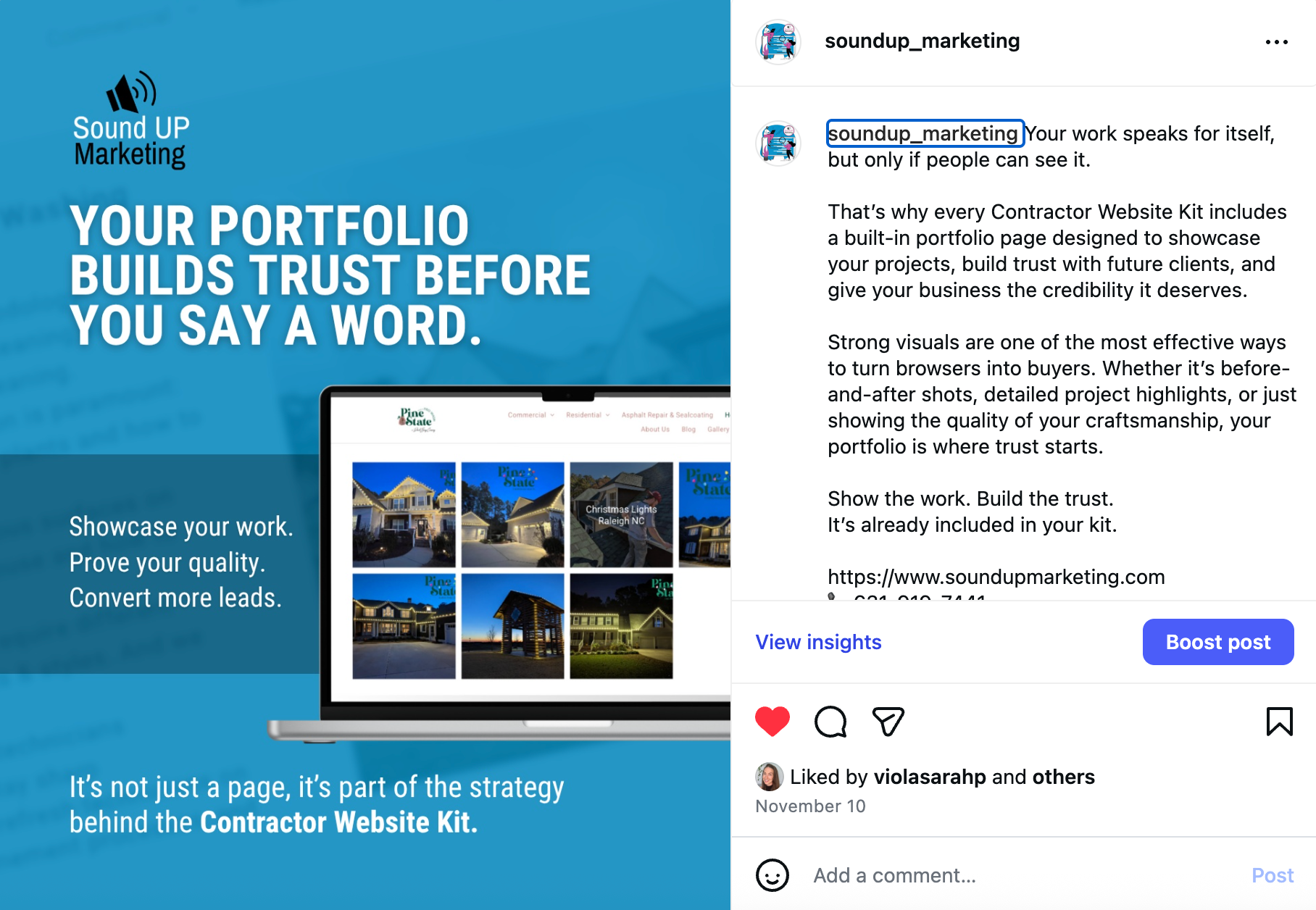 Social media marketing A blue and white ad for Sound Up Marketing. A laptop displays a website with photos of houses. Text: