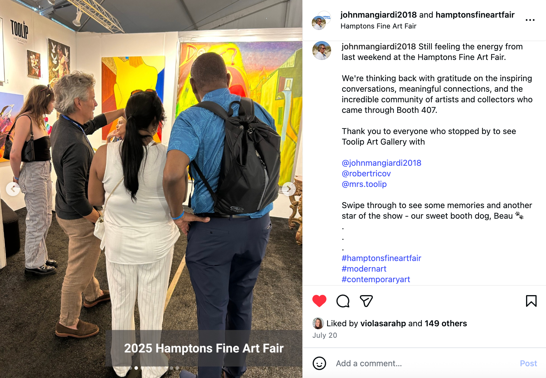 Social media marketing People viewing art at a fair. Sunlight, colorful paintings, and attendees in casual attire. Social Media Management by Sound UP Marketing