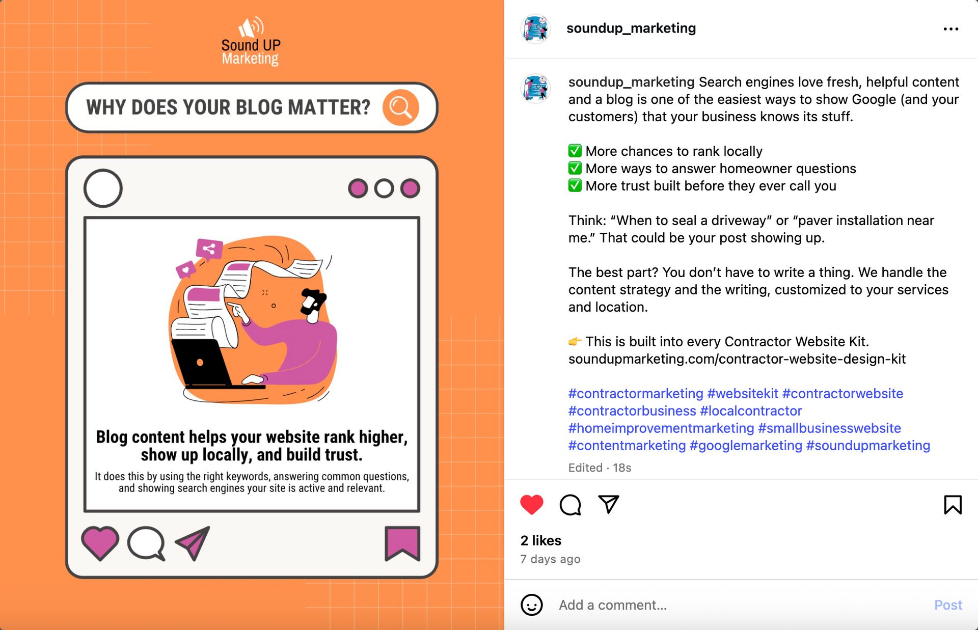 Instagram post: orange graphic with text about the importance of blogging, cartoon illustration of people at a laptop, and text about the benefits. Social Media Management by Sound UP Marketing