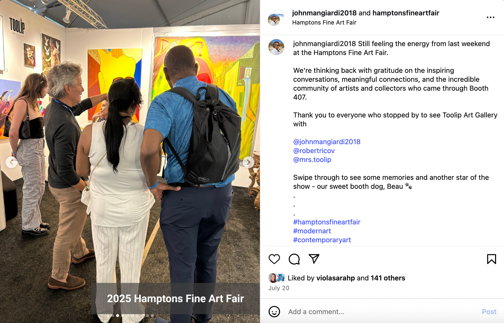 People viewing art at a fair. Sunlight, colorful paintings, and attendees in casual attire. Social Media Management by Sound UP Marketing