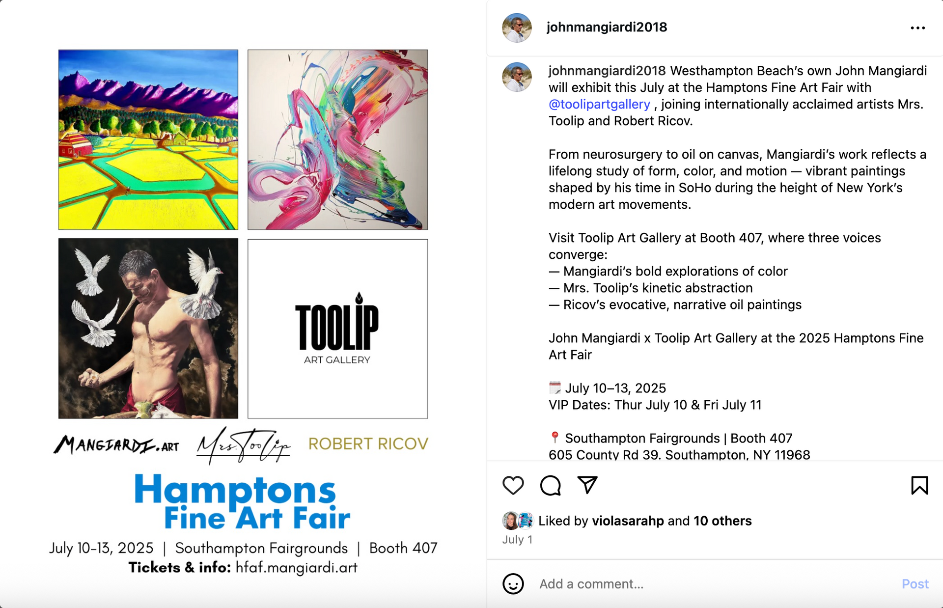Hamptons Fine Art Fair advertisement: Paintings, man with birds, Toolip logo, dates, location. Social Media Management by Sound UP Marketing
