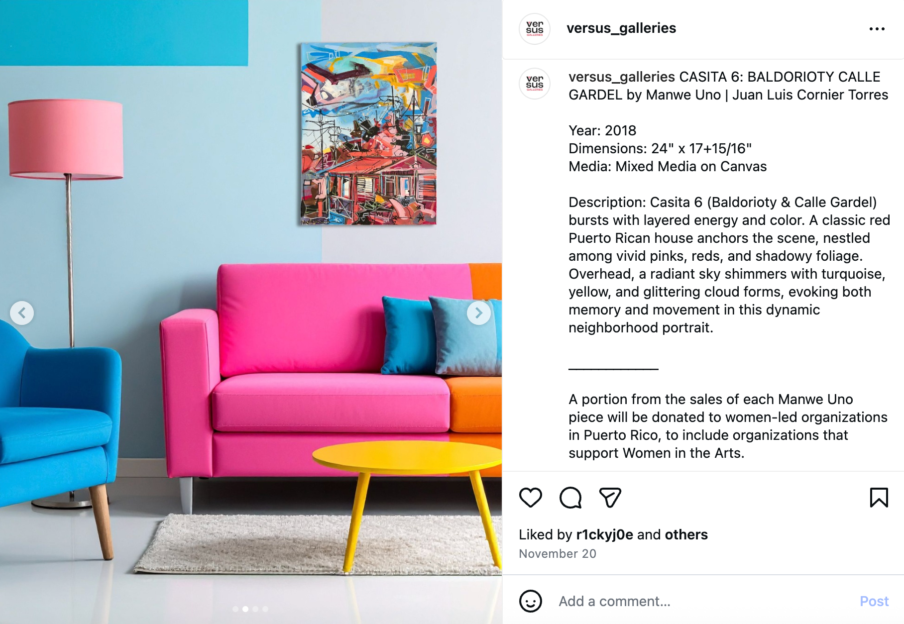 Social media marketing for Art Gallery. Colorful living room with artwork over pink sofa.