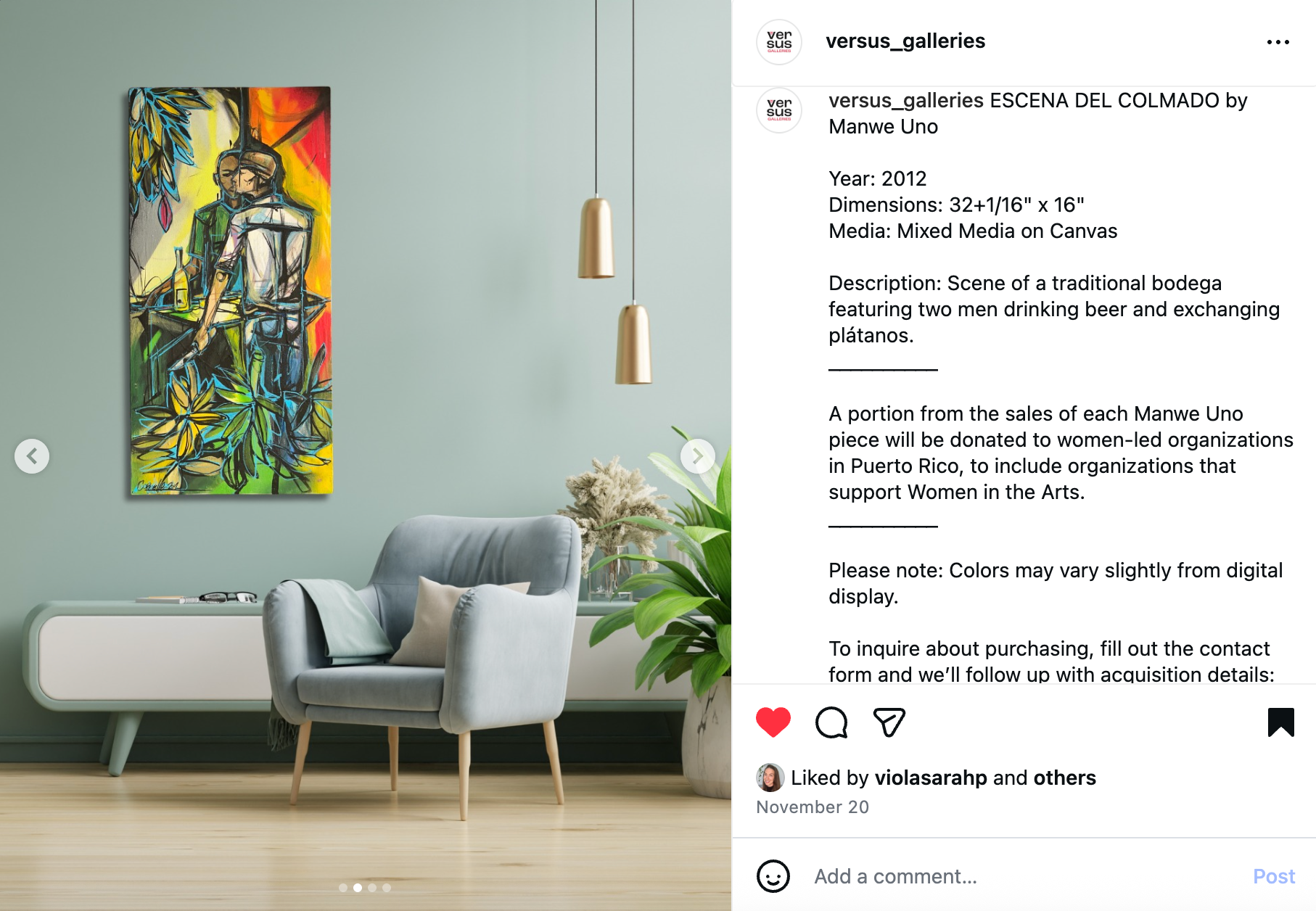 Social media marketing Painting of figures, displayed on a wall above a gray chair in a room with a mid-century modern aesthetic.