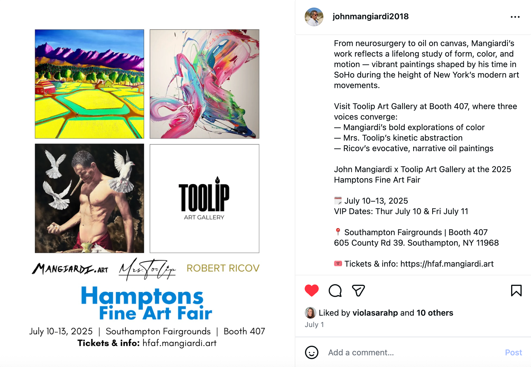 Social media marketing Hamptons Fine Art Fair advertisement: Paintings, man with birds, Toolip logo, dates, location. Social Media Management by Sound UP Marketing